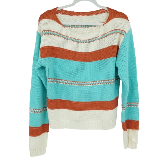 Boutique Scoop Neck Sweater Striped Aqua Orange and Cream Women's Small - Picture 2 of 9